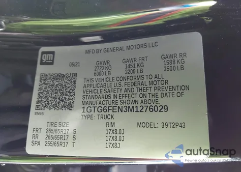 2021 GMC Canyon 4Wd Short Box At4 - Leather z USA, uszkodzony, nr VIN 1GTG6FEN3M1276029